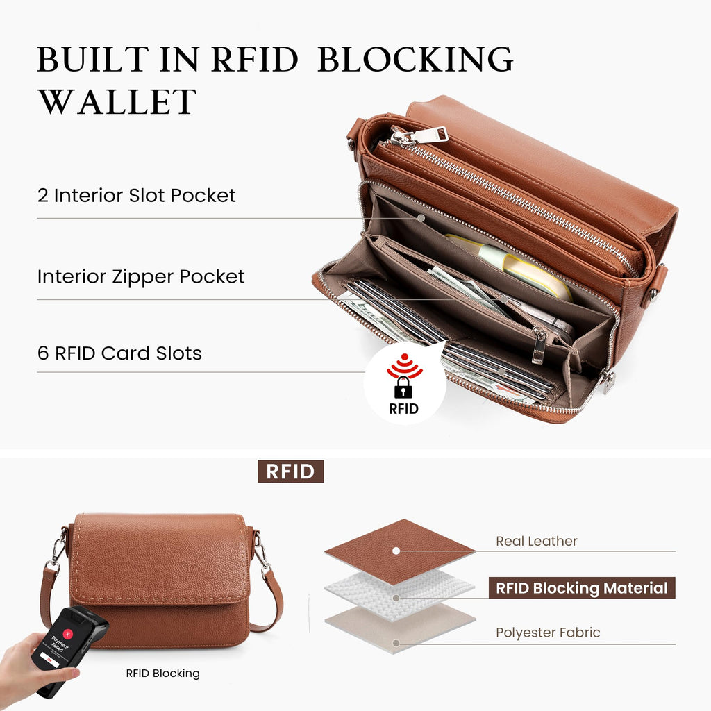 befen Genuine Leather Purses for Women Brown RFID Crossbody Bag for Travel Soft Medium Crossbody Wallet Trandy Leather Purse with Built in Wallet Womens Shoulder Handbag with Adjustable Strap
