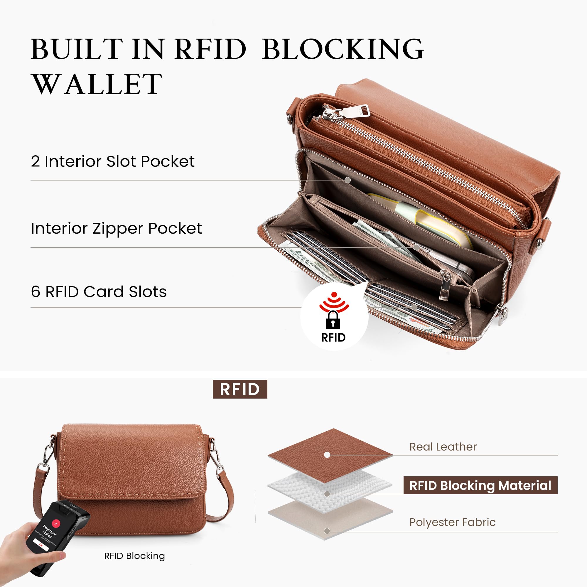 befen Genuine Leather Purses for Women Brown RFID Crossbody Bag for Travel Soft Medium Crossbody Wallet Trandy Leather Purse with Built in Wallet Womens Shoulder Handbag with Adjustable Strap