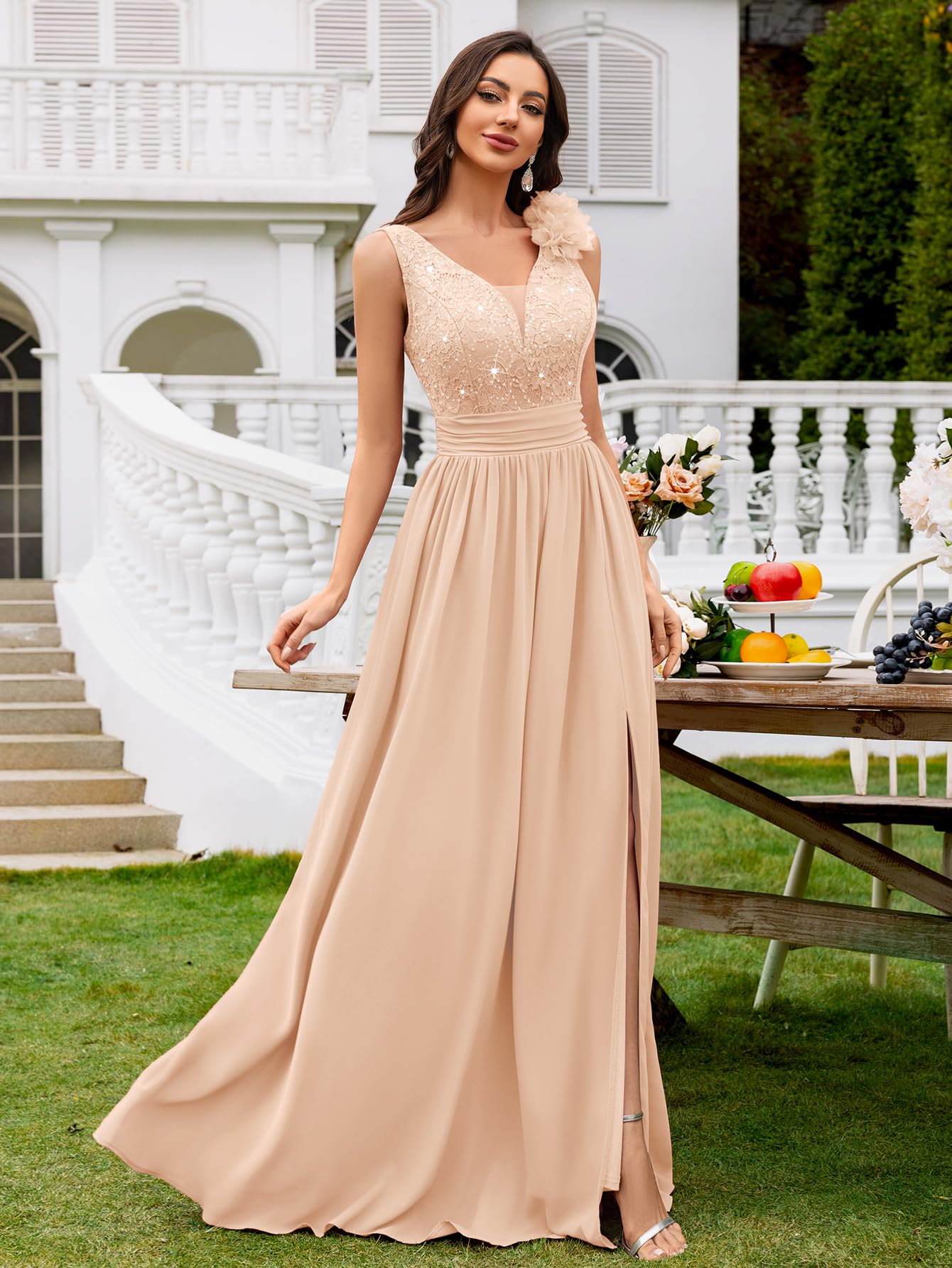 Miusol Women's Vintage V-Neck Sleeveless Sequined Split Formal Evening Maxi Dress (Small, Champagne)