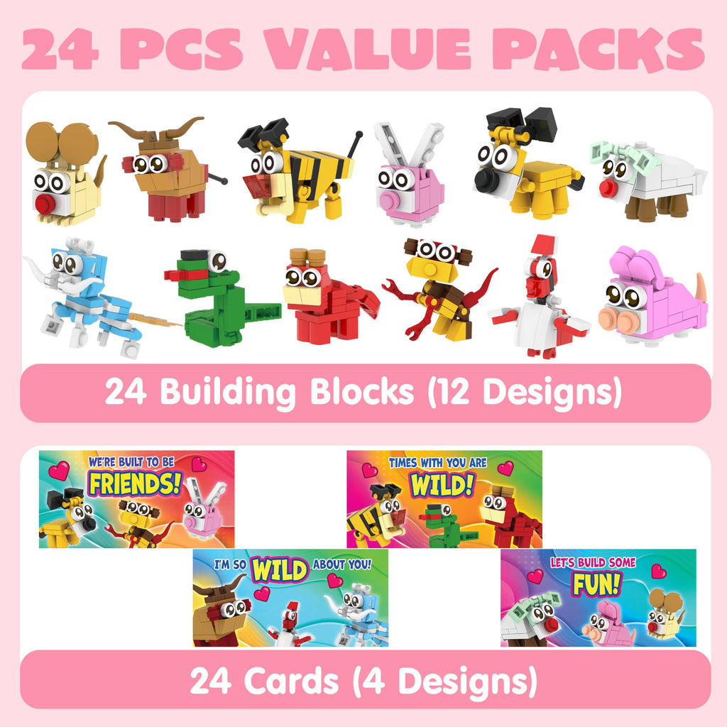 JOYIN 24 Packs Valentines Day Gift Cards with Animal Building Blocks for Party Favor Toy, Valentine's Classroom Exchange, Kids Classroom School Prize