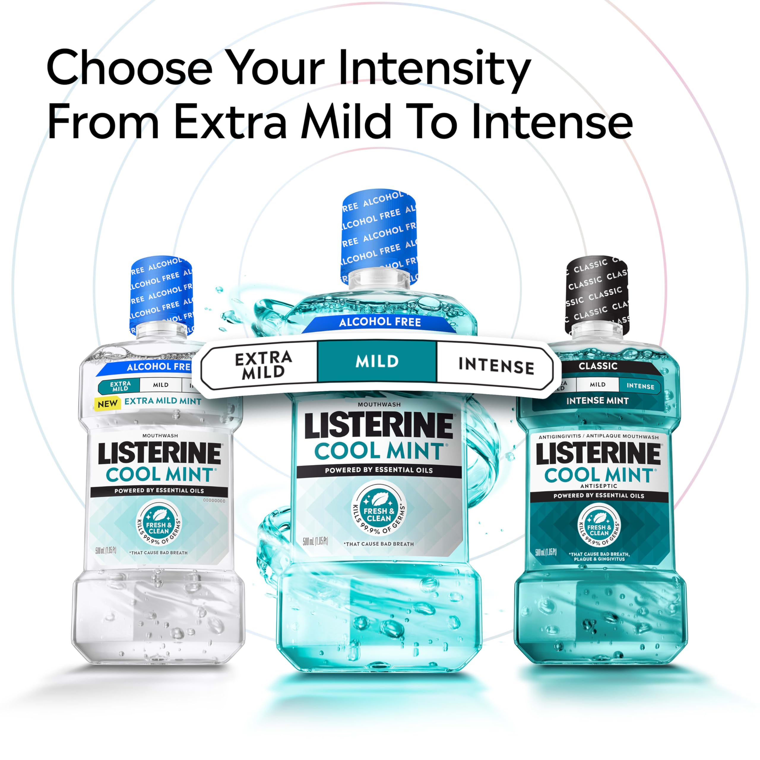 Listerine Cool Mint Alcohol-Free Mild Mouthwash, Oral Rinse Kills 99.9% of Germs That Cause Bad Breath, Less Intense Taste, Mild Mint Flavor, 1 L