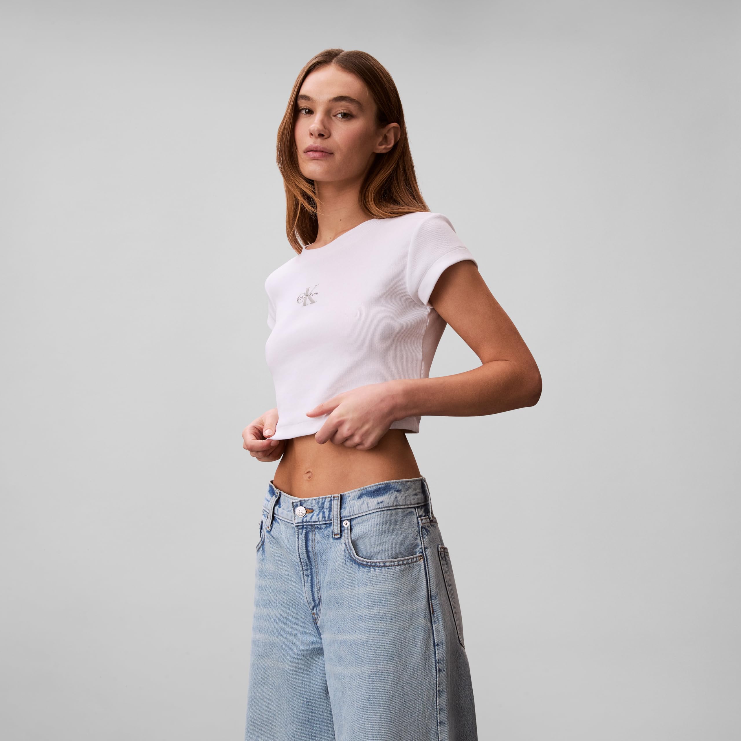 Calvin Klein Women's Monogram Logo Ribbed Baby Tee Brilliant White