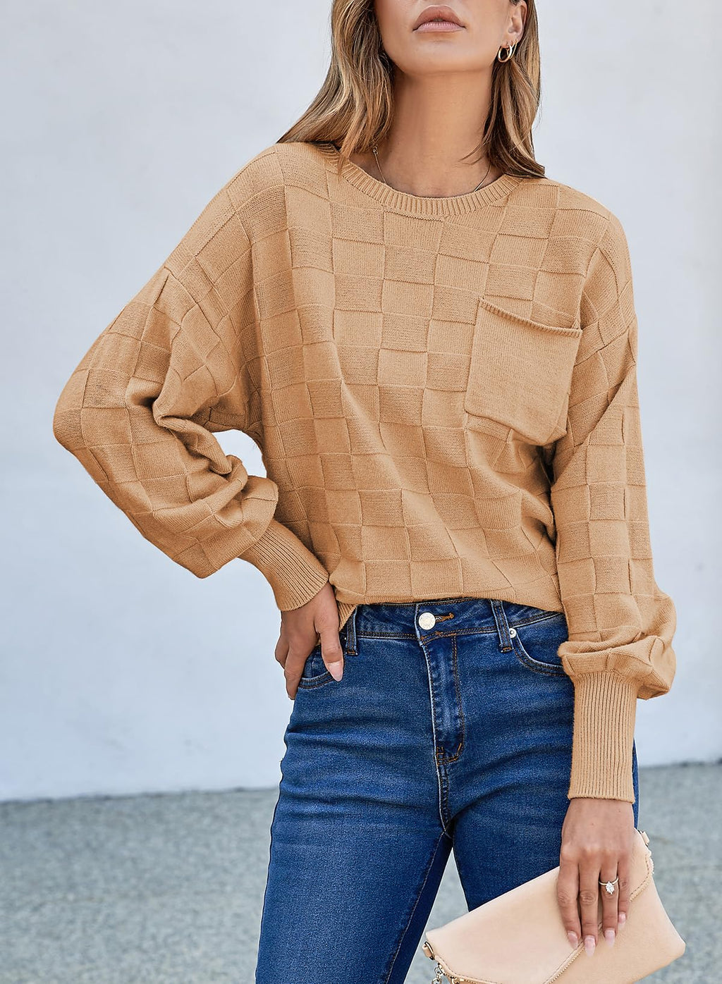 SHEWIN Sweaters for Women Casual Crewneck Long Sleeve Tops Lightweight Knit Oversized Women's Sweaters Spring Clothes for Women Khaki Large