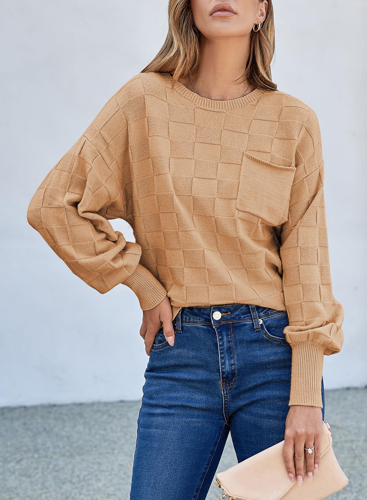 SHEWIN Sweaters for Women Casual Crewneck Long Sleeve Tops Lightweight Knit Oversized Women's Sweaters Spring Clothes for Women Khaki Large