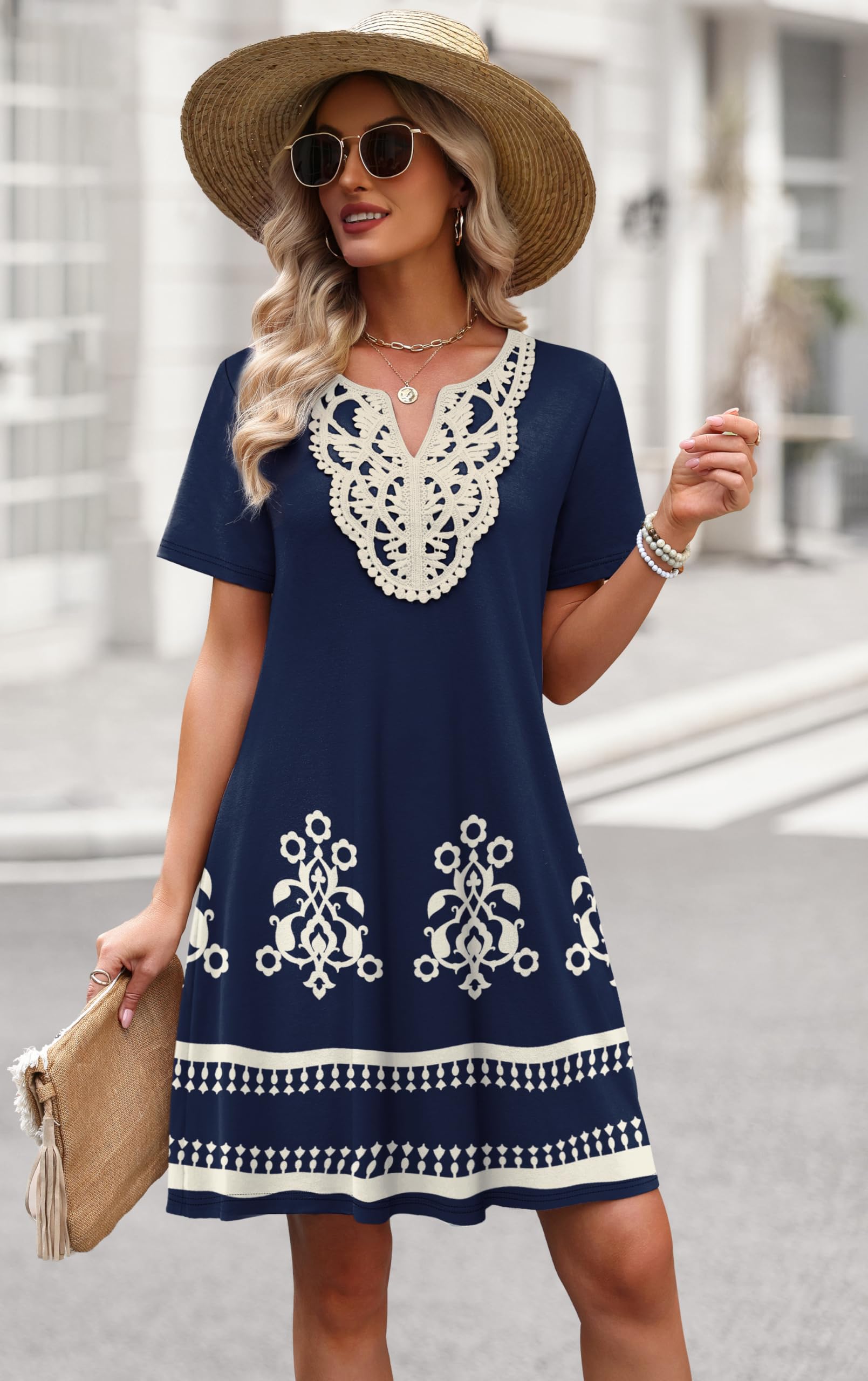 Womens Summer Dresses Casual Midi Dress Beach Vacation Outfits Wedding Guest Floral Dress Lace Spring Clothes Hawaiian Elegant Classy Cute Cruise Outfits for Women Resort Wear L