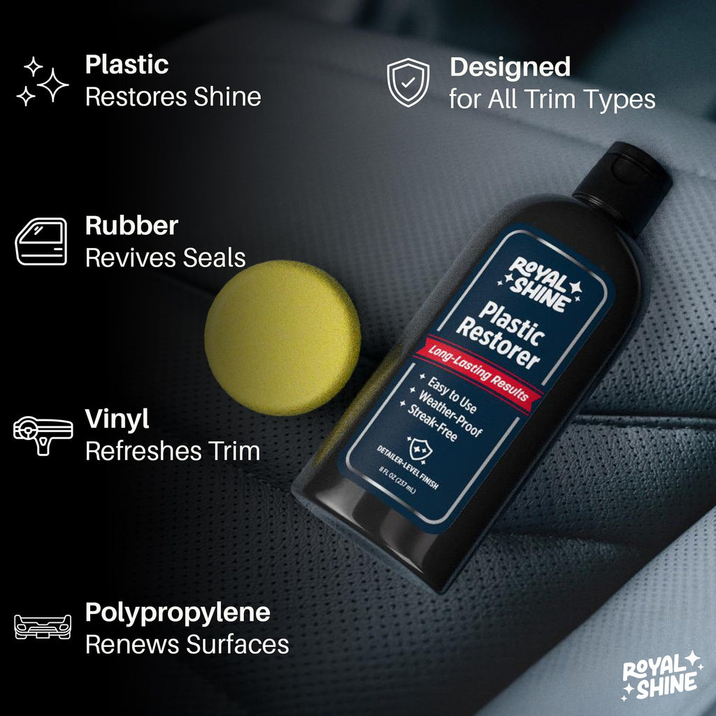 ROYAL SHINE Plastic Restorer for Long-Lasting, Deep Black Results – Restores Faded Plastic, Rubber & Vinyl with UV Protection, Non-Greasy Formula + Foam Applicator, 8oz