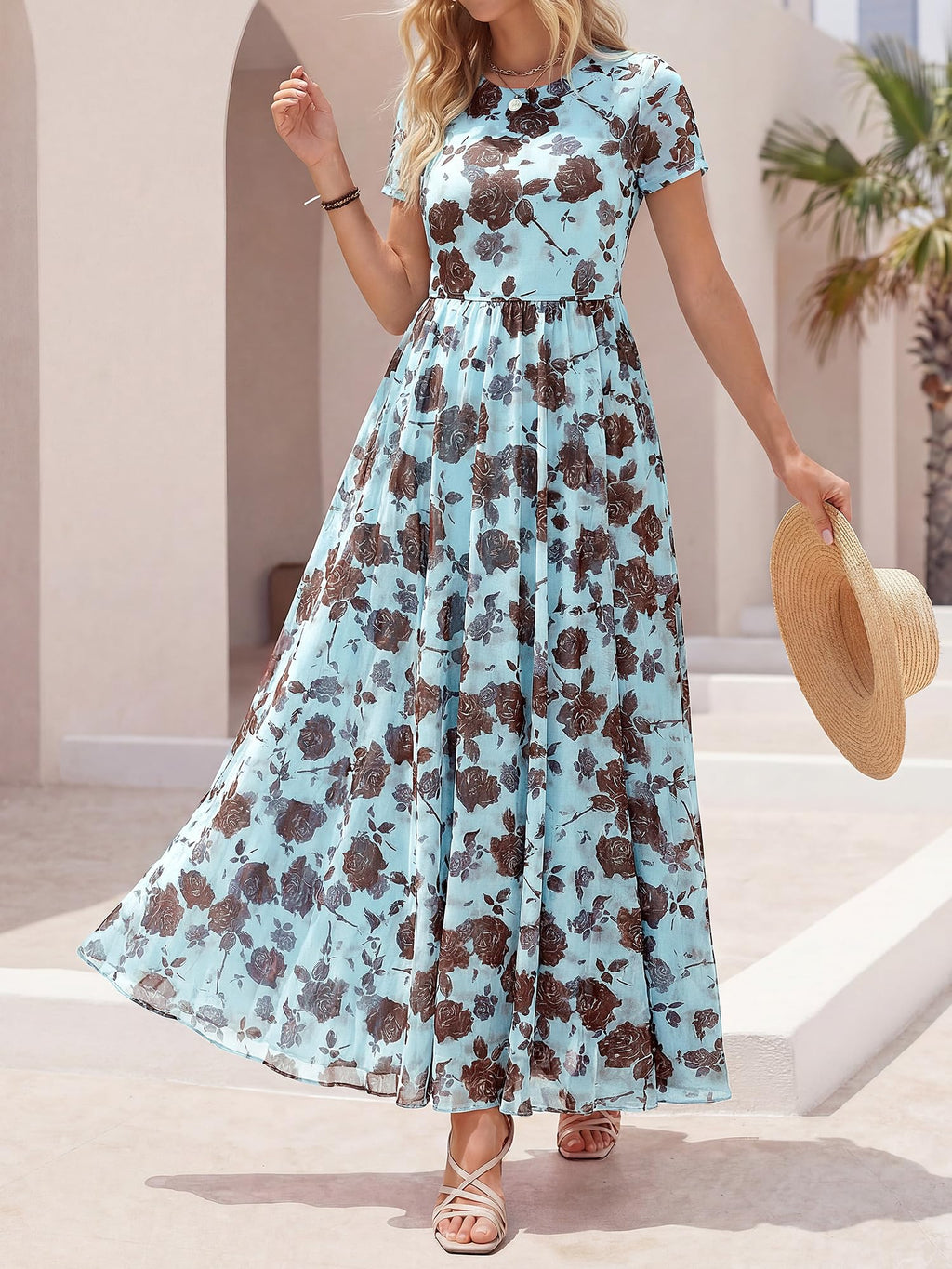 BTFBM Summer Dresses for Women 2026 Formal Short Sleeve Floral Homecoming Dress Maxi Wedding Guest Vacation Outfits(Floral Blue Brown,Large)
