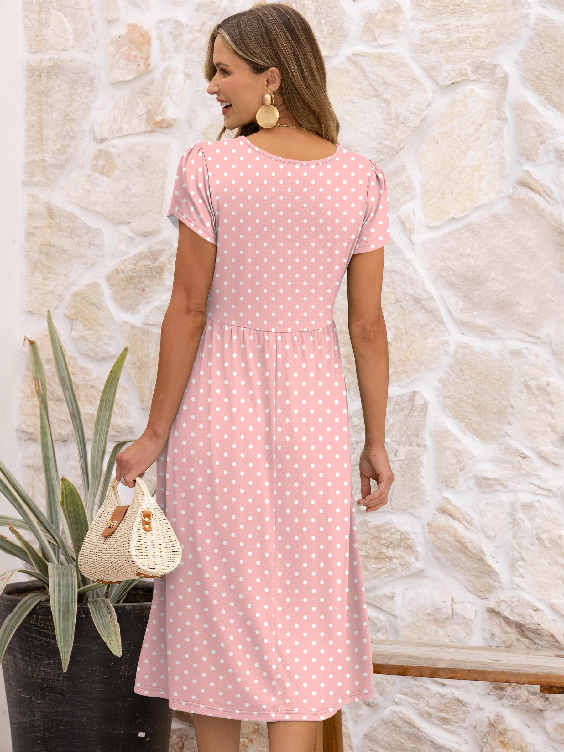 ANRABESS Women's Summer Short Sleeve A-Line Midi Dresses Casual Floral T-Shirt Dresses Flowy Beach Sundress with Pockets Pink Round Dot Large