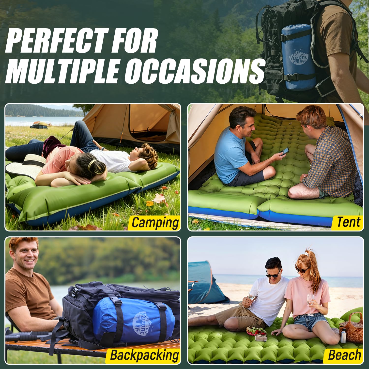 Yuzonc Double Sleeping Pad - Self Inflating 4" Extra-Thick for 2 Person with Pillow Built-in Foot Pump Inflatable Sleeping Mat for Backpacking, Hiking, Traveling, Tent, Portable Camping Mat