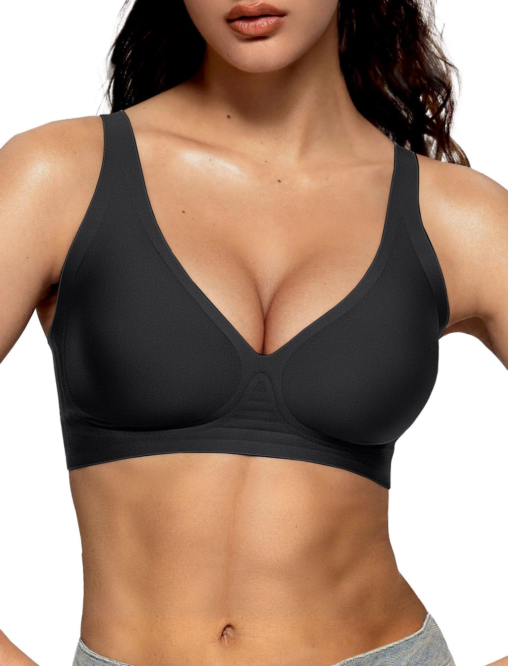 Vertvie Jelly Wireless Bras for Women Push Up Plunge Seamless T-Shirt Bras No Underwire Supportive Full Coverage Bralettes(Black,Medium)