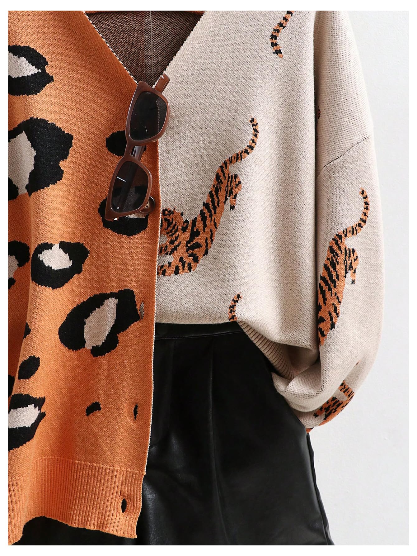 WDIRARA Women's Leopard Tiger Print Cardigan V Neck Long Sleeve Color Block Button Down Sweater Outwear Orange Medium