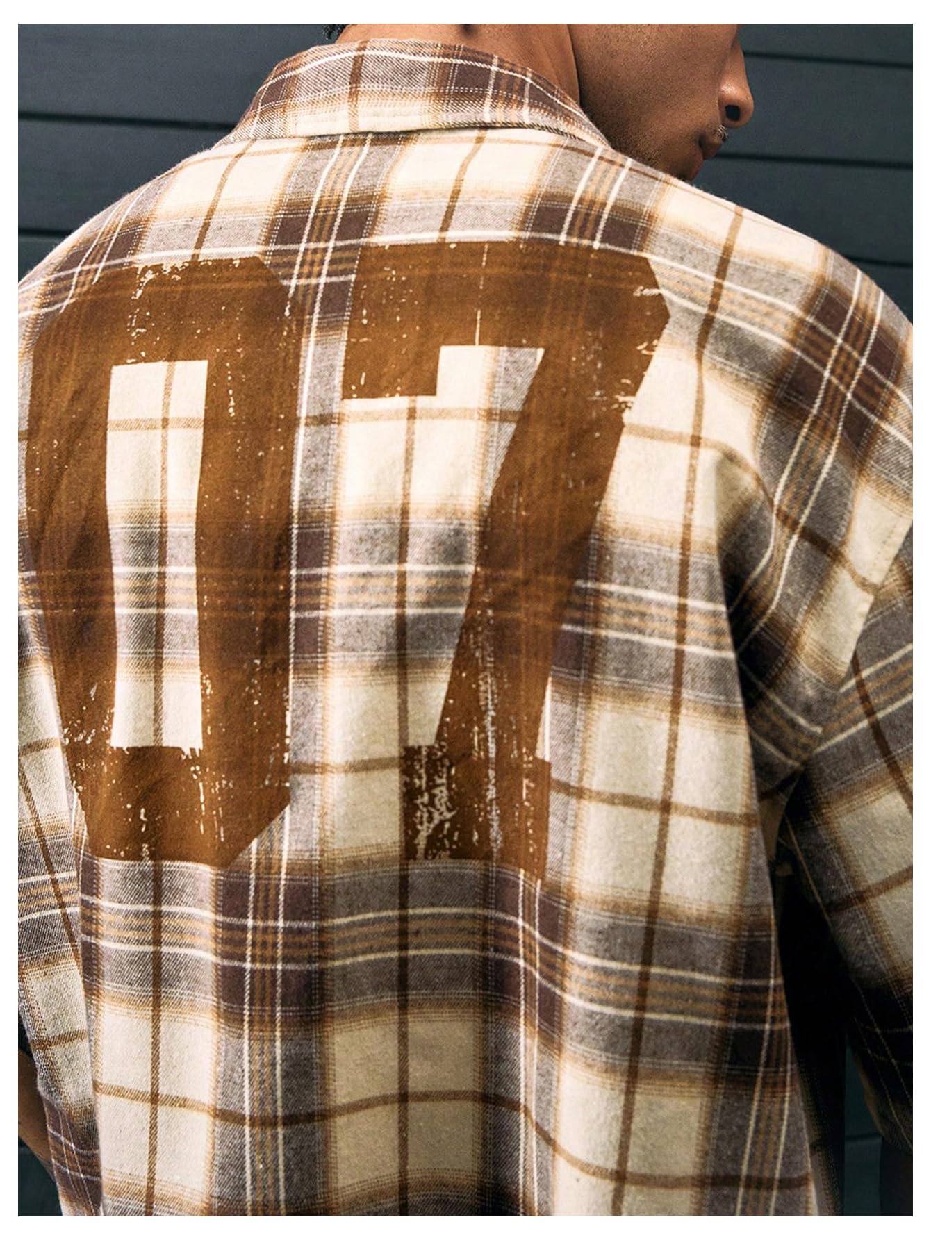 GORGLITTER Men's Gingham Cropped Shirt Button Up Number Graphic Boxy Short Sleeve Vacation Crop Tee Tops Streetwear Brown Large