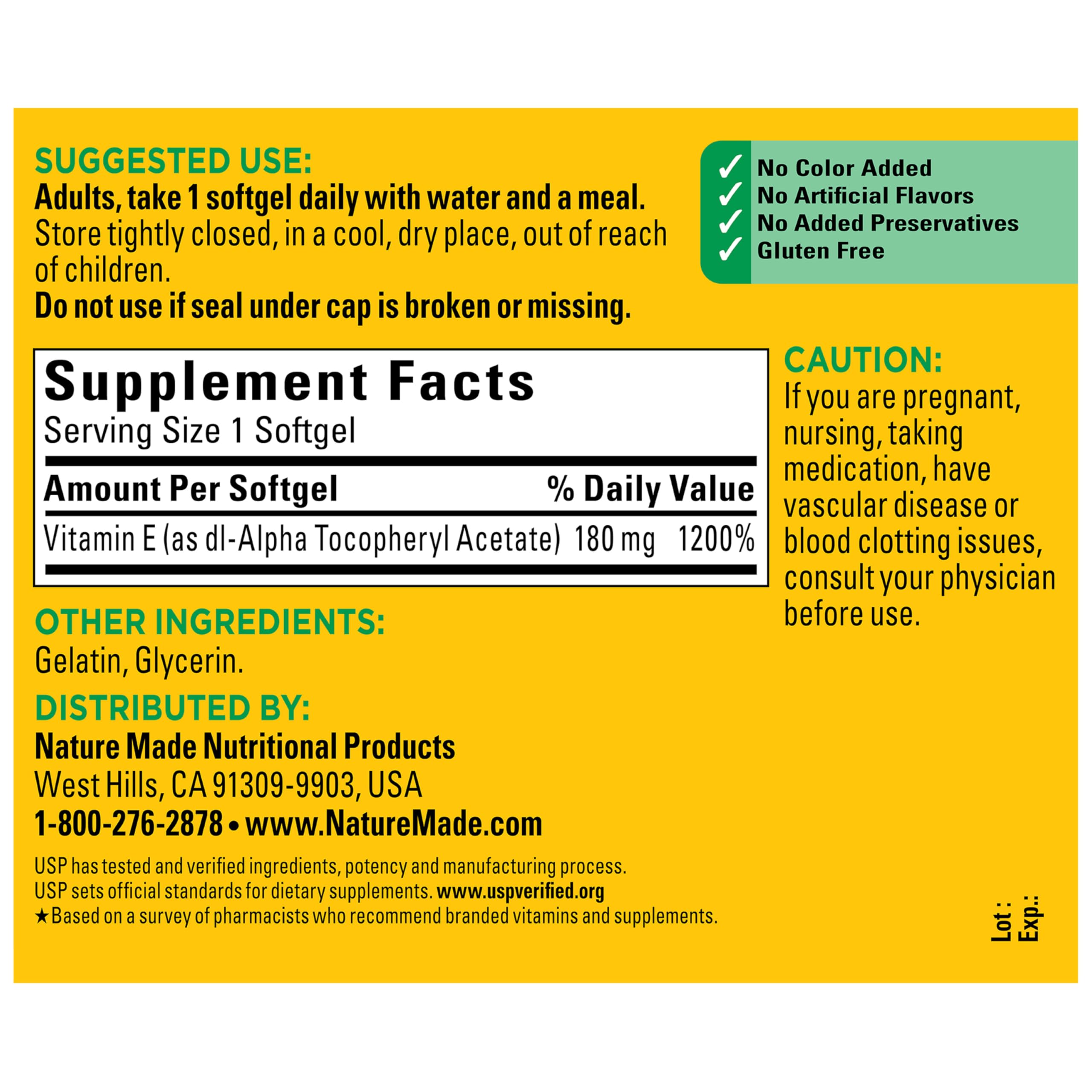 Nature Made Vitamin E 180 mg (400 IU) dl-Alpha, Dietary Supplement for Antioxidant and Skin Support, 180 Softgels, 180 Day Supply