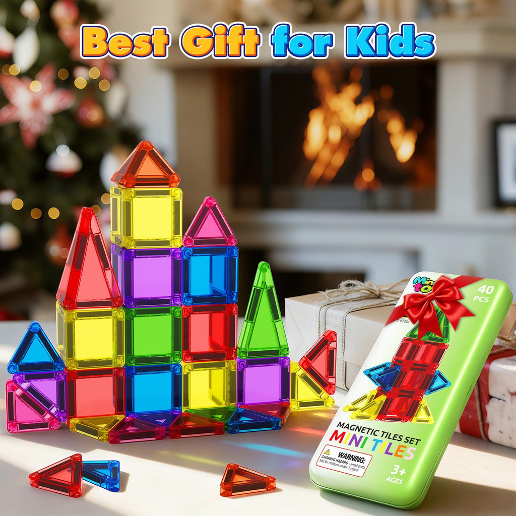 40PCS Mini Magnetic Tiles Toddler Travel Essentials Toys with Case Set, Magnetic Building Blocks Kids Games, Montessori Preschool Education Sensory Toys for 3 4 5 Year Old Boys Girls Birthday Gifts