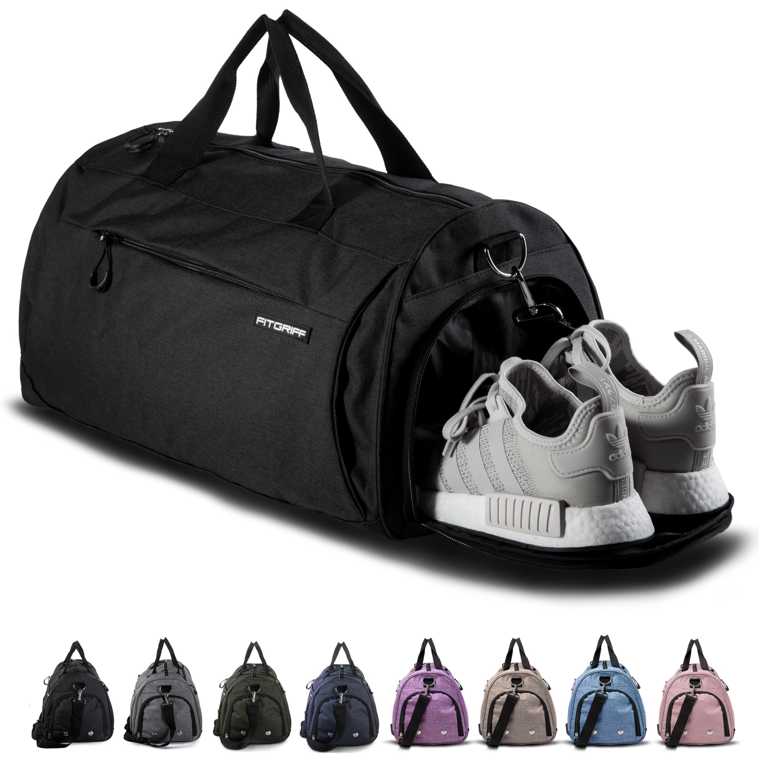 Fitgriff® Gym Bag for Men & Women with Shoe & Wet Compartment - Duffle Bag for Travel, Sports, Fitness & Workout (Full Black, 23 x 12 x 12″ (Medium))