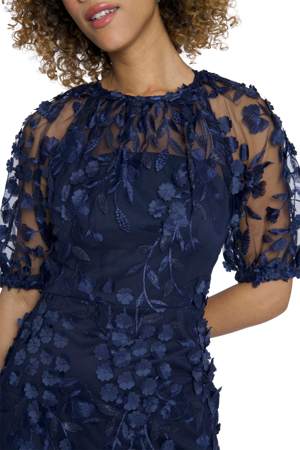 Maggy London Women's Dresses Elegant Illusion Neck Elbow Sleeves Midi Dress for Women | Cocktail Dresses for Women, Navy, 0