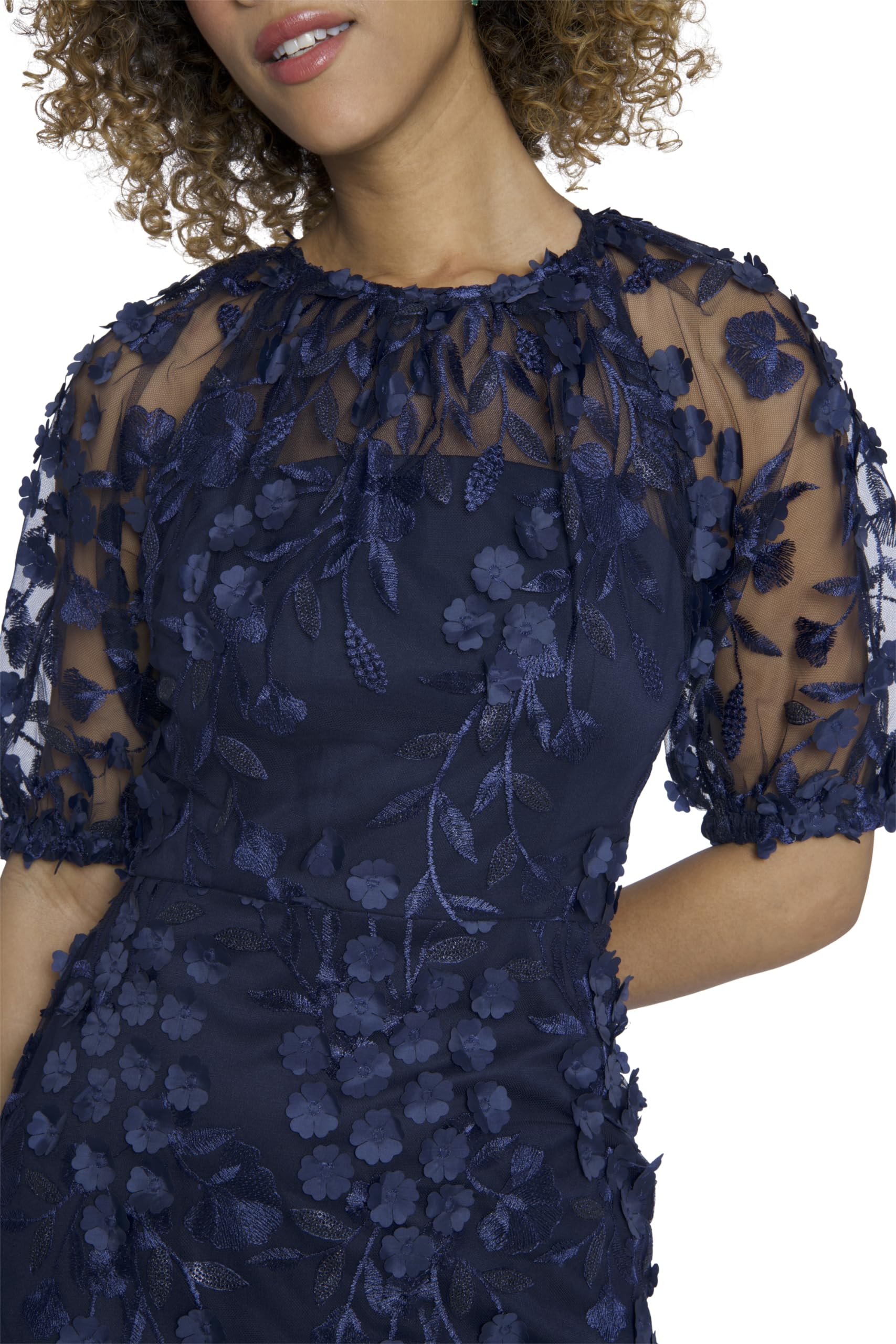 Maggy London Women's Dresses Elegant Illusion Neck Elbow Sleeves Midi Dress for Women | Cocktail Dresses for Women, Navy, 0