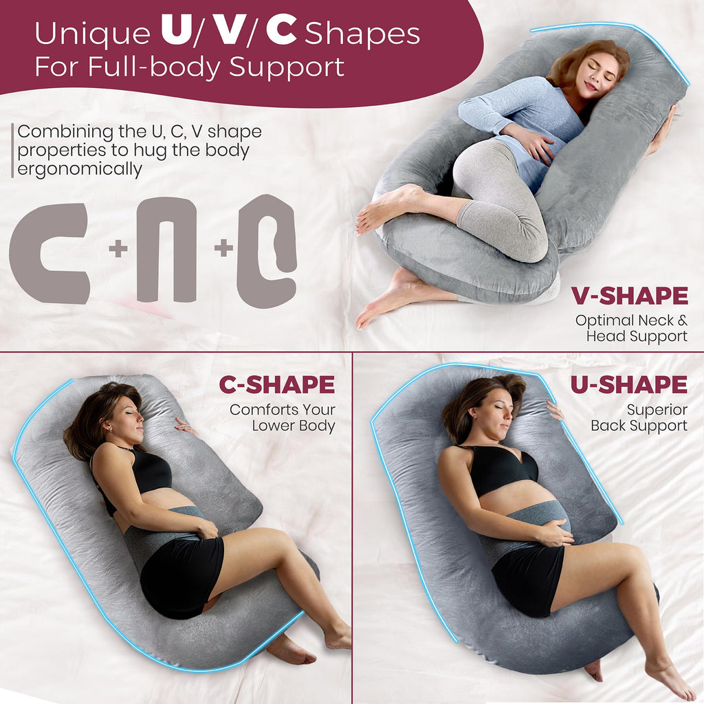 PILLANI Pregnancy Pillows for Sleeping – 57-Inch Maternity Pillow for Pregnant Women with Removable Washable Cover – Support for Back, Belly, Neck, Legs, and Hips – V C U Shaped Full Body Pillow