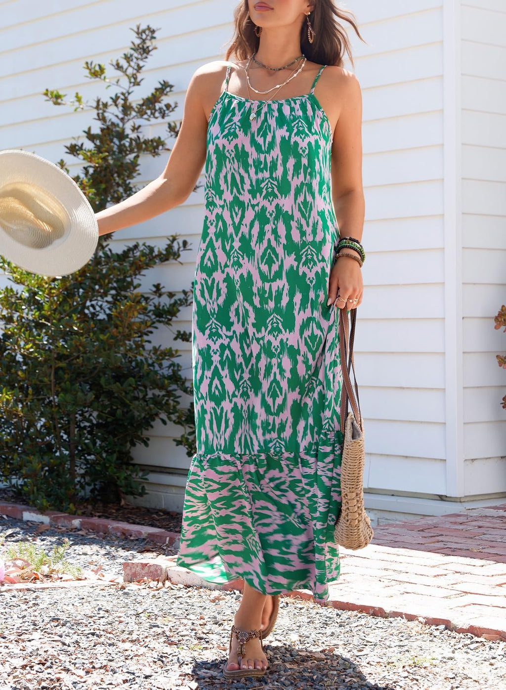 Dokotoo Beach Dresses for Women Summer Casual Maxi Dresses Scoop Neck Boho Beach Dress Sleeveless Spaghetti Strap Sexy Dress Ruffle A Line Flowy Dresses Medium Green