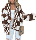 BTFBM Casual Cardigan Sweater for Women Fall 2025 Long Sleeve Open Front Chunky Knit Sweaters Checkered Outwear Coat(Brown,Small)