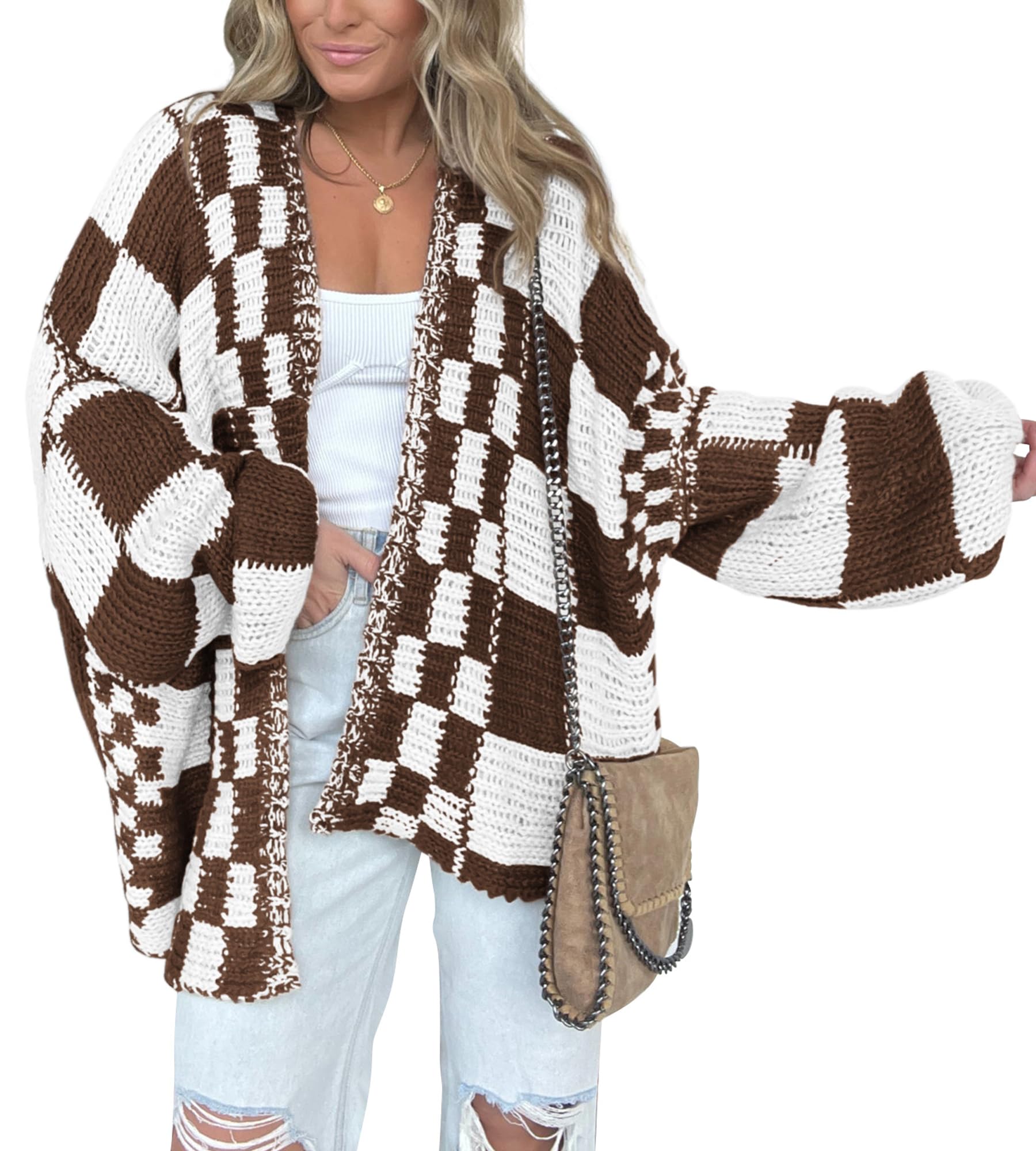 BTFBM Casual Cardigan Sweater for Women Fall 2025 Long Sleeve Open Front Chunky Knit Sweaters Checkered Outwear Coat(Brown,Small)