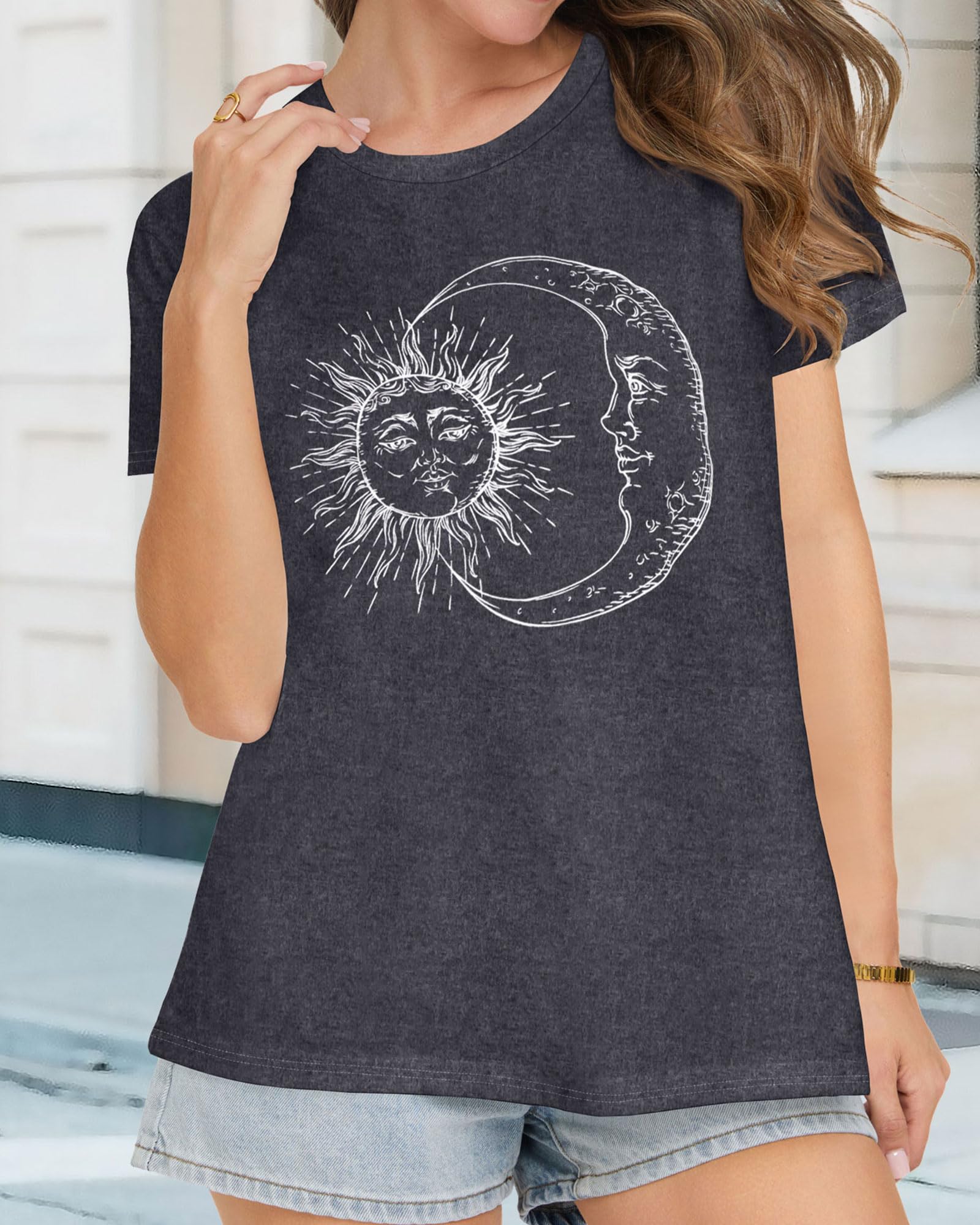 T Shirts for Women Summer Short Sleeve Crewneck Casual Cute Graphic Basic Tees Tops, Deep Grey Moon, L