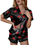 Ekouaer Womens Satin Silk Pajamas Set Button Down Pjs Shorts Set, 2 Piece Lace Sleepwear for Valentines Day Gifts, LOVE YOU Lips, Small