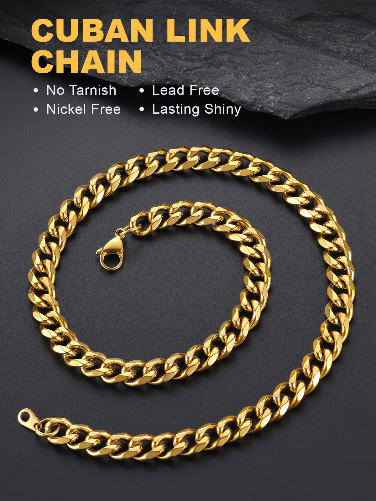 U7 mens, womens,boys, girls Curb Chain Necklace 18K Gold Plated Stainless Steel 9mm Wide Chunky Hip Hop Jewelry Strong Cuban Link Chain 18