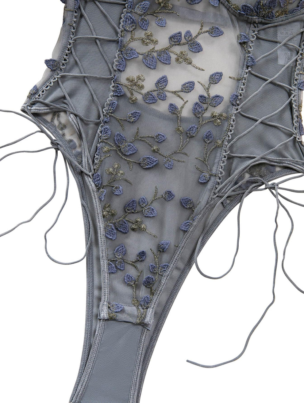 Lilosy Women Sexy Lace Up Floral Embroidered Teddy Babydoll Lingerie Bodysuit Top Mesh Sheer One Piece See Through Medium Grey