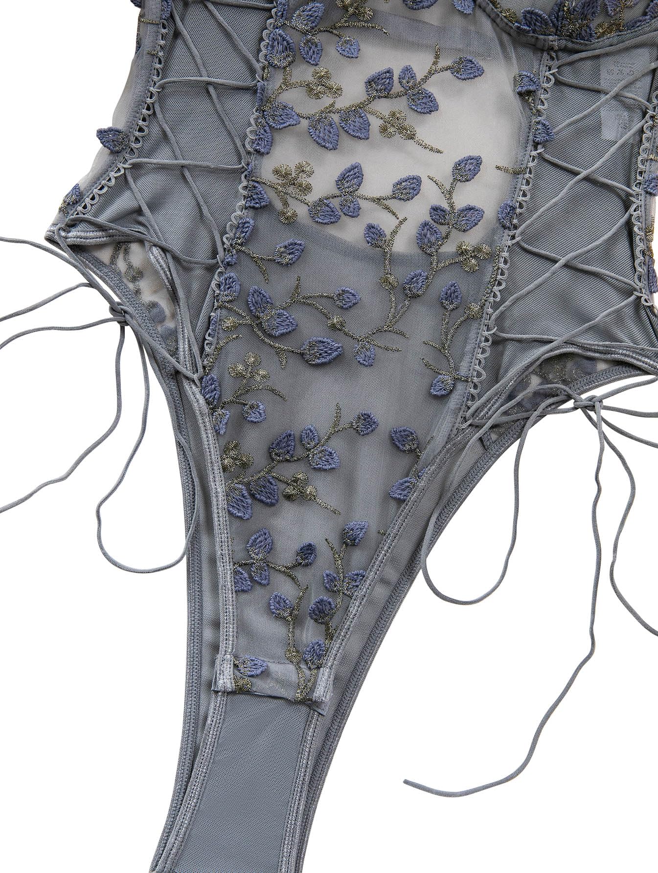 Lilosy Women Sexy Lace Up Floral Embroidered Teddy Babydoll Lingerie Bodysuit Top Mesh Sheer One Piece See Through Medium Grey