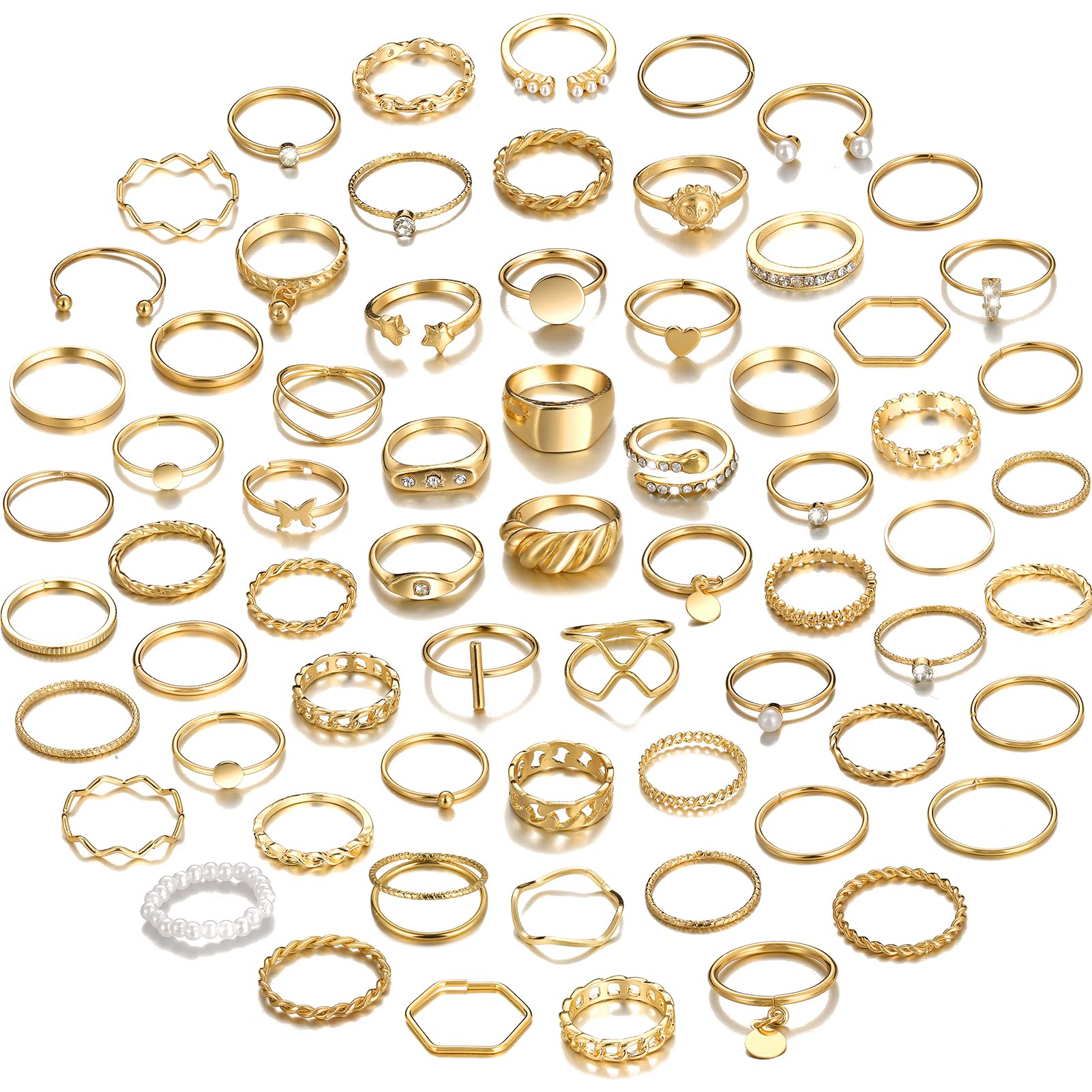 YEEZII 68 Pcs Gold Knuckle Rings Set for Women, Stackable Rings Boho Joint Finger Midi Ring Hollow Carved Crystal Stacking Rings Pack
