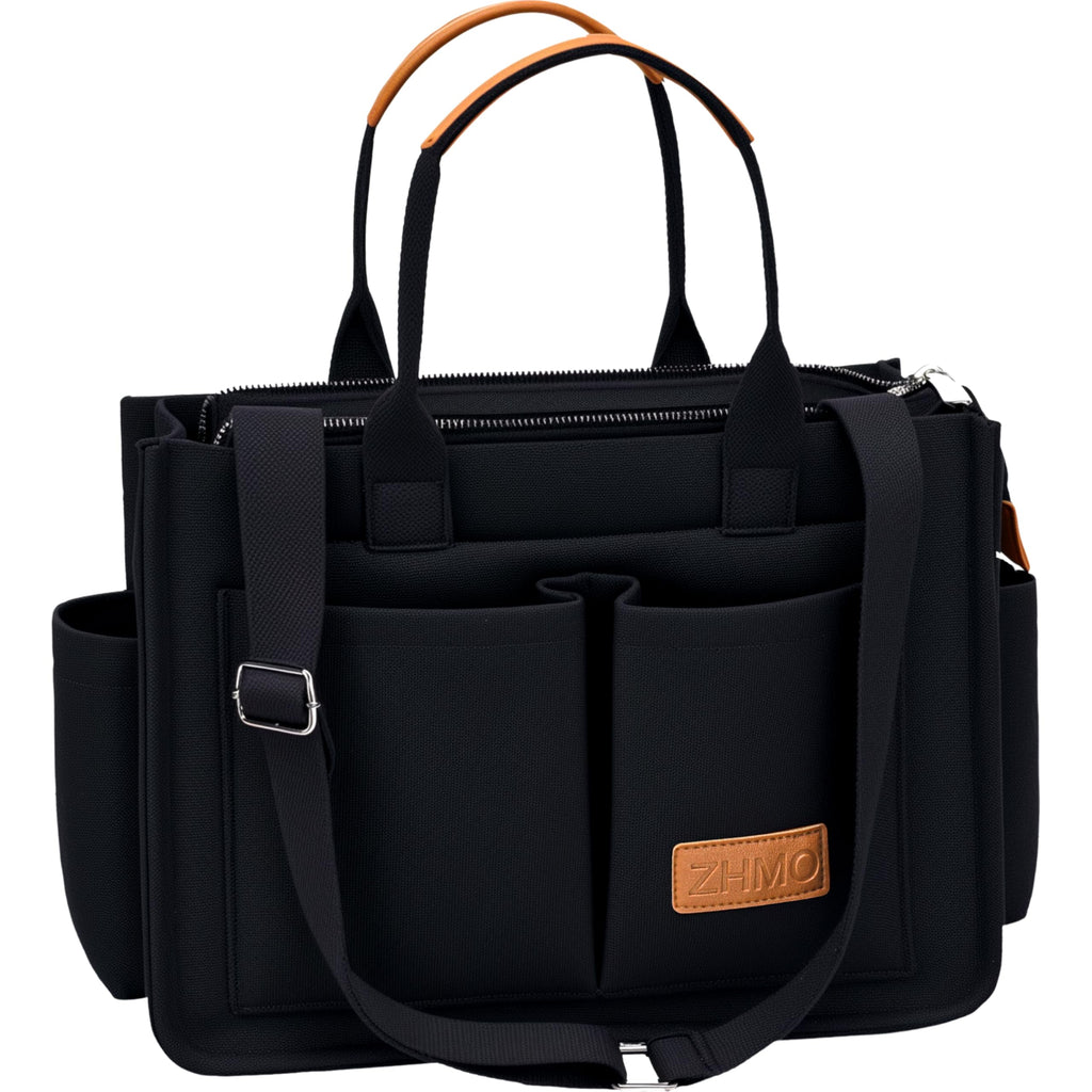 ZHMO Canvas Tote Bag for Women With Compartments and Zipper,Black Women's Bags Crossbody Bags Work Laptop Tote Bag Large Satchels Handbag Tote Purse Everyday Shoulder Bag for Travel Nurse Teacher Gift