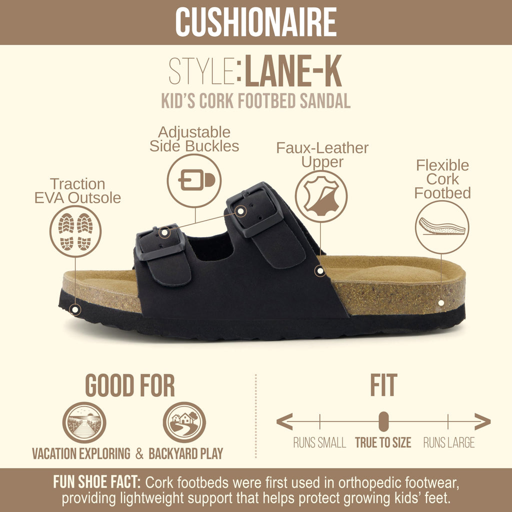 CUSHIONAIRE Lane Kids Sandals, Comfortable Cork Footbed Slide with Adjustable Straps and Supportive Design for Boys and Girls Sandals, BLACK 12