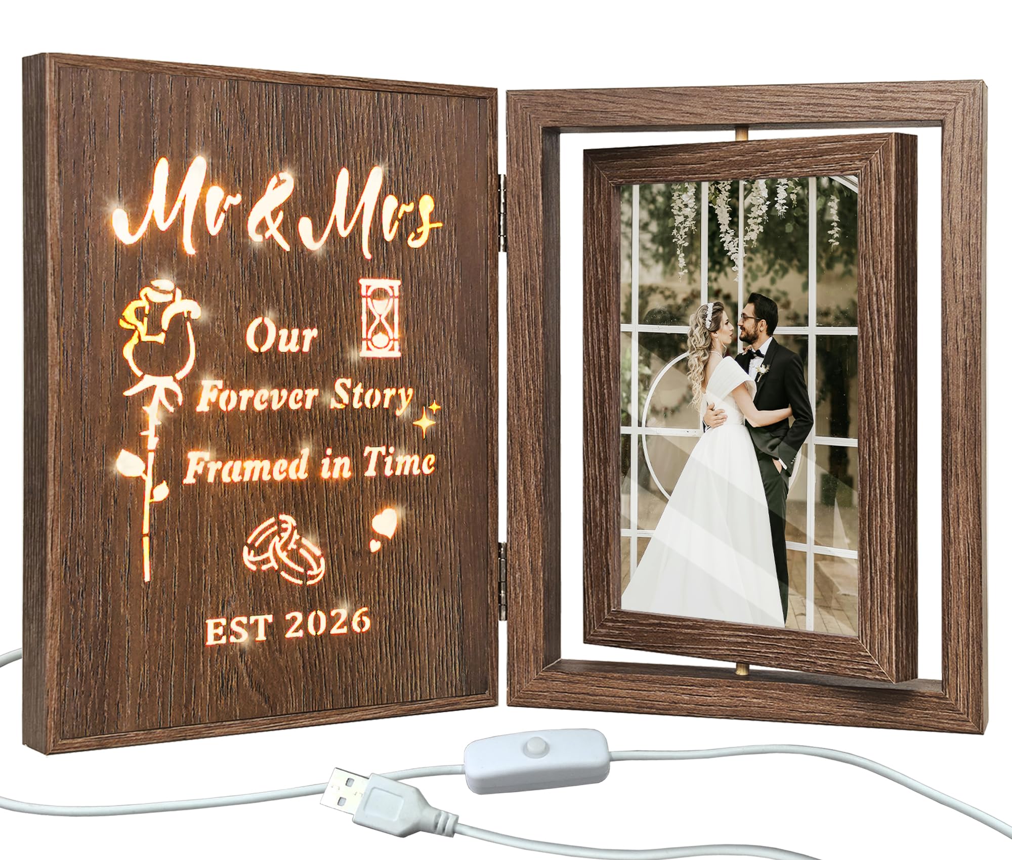 EYITUPC Wedding Gifts for Couples 2026 Light Up Mr and Mrs Picture Frame, Bridal Shower Gifts for Bride Groom, Rotating Wedding Photo Frames 4x6 for 2 Pictures