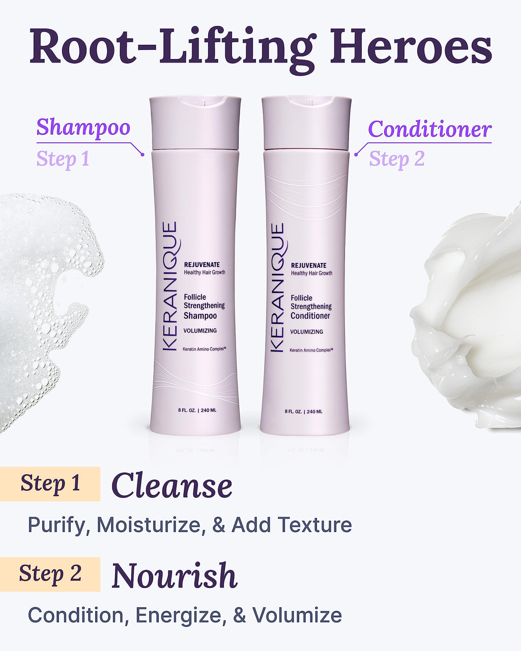 Keranique Volumizing Shampoo and Conditioner Set for Hair Repair and Growth with Biotin and Keratin for Women, Thinning Hair Formula, 8 Fl Oz Each
