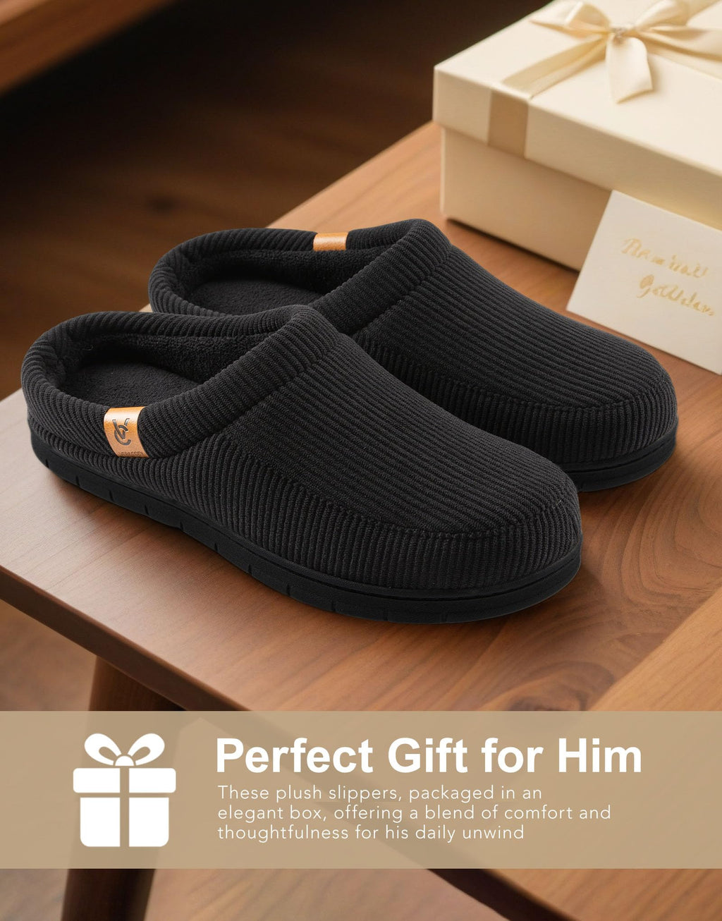 VeraCosy Men's Moccasin Slippers Comfy Soft Durable Slip-on Indoor Memory Foam House Shoes Matt Black,11-12 US
