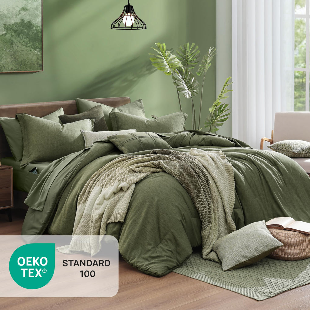 Monbix King Size Comforter Set, Olive Green King Bed Set Reversible, King Size Comforter Set 7 Pieces, Cationic Dyeing Bed in a Bag with Comforter, Sheets, Pillowcases & Shams