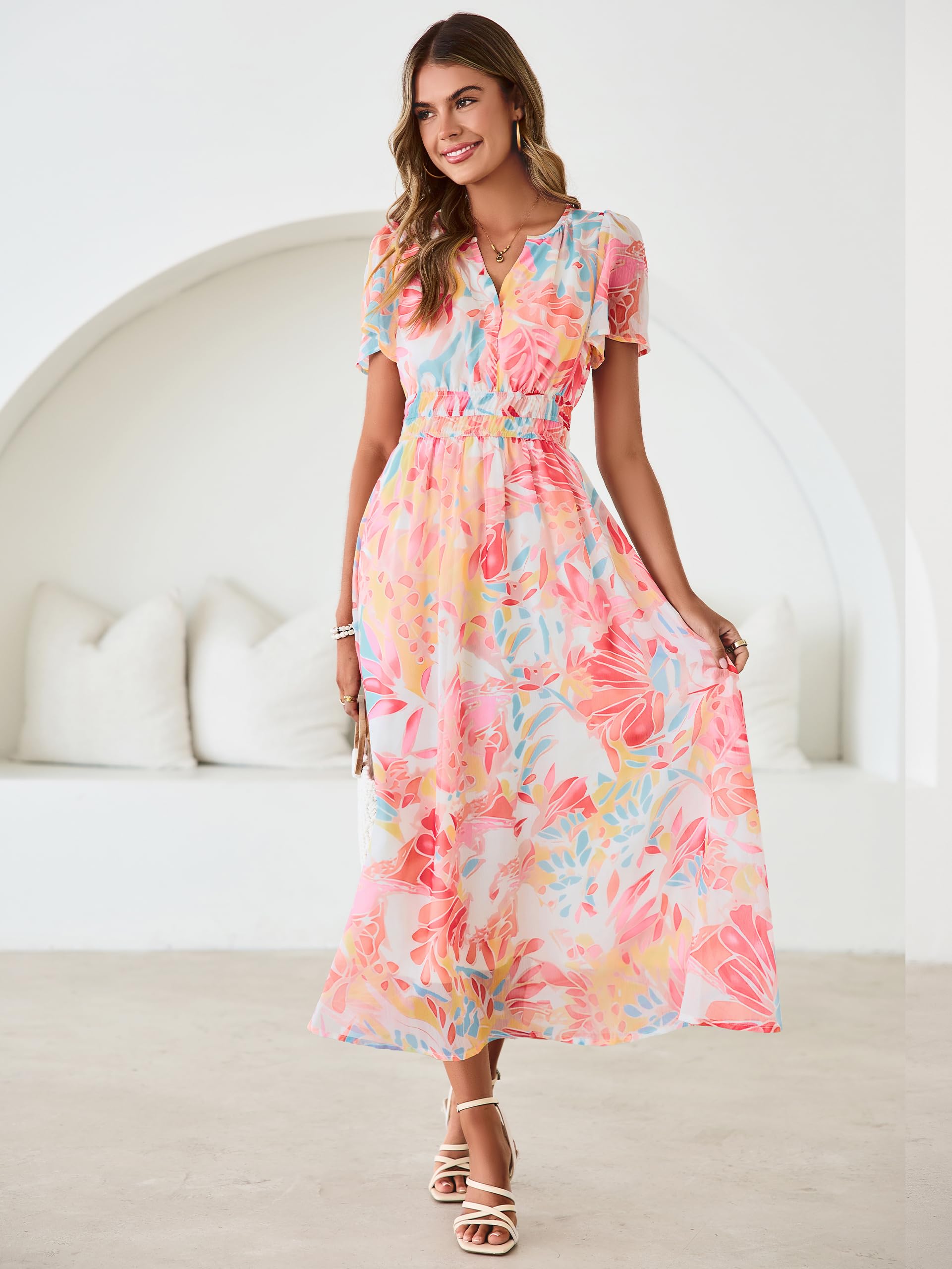 Simplee Women Floral Summer Maxi Dress Boho Flowy Casual Chiffon Short Sleeves V Neck Long Wedding Guest Dresses Red Yellow Floral M