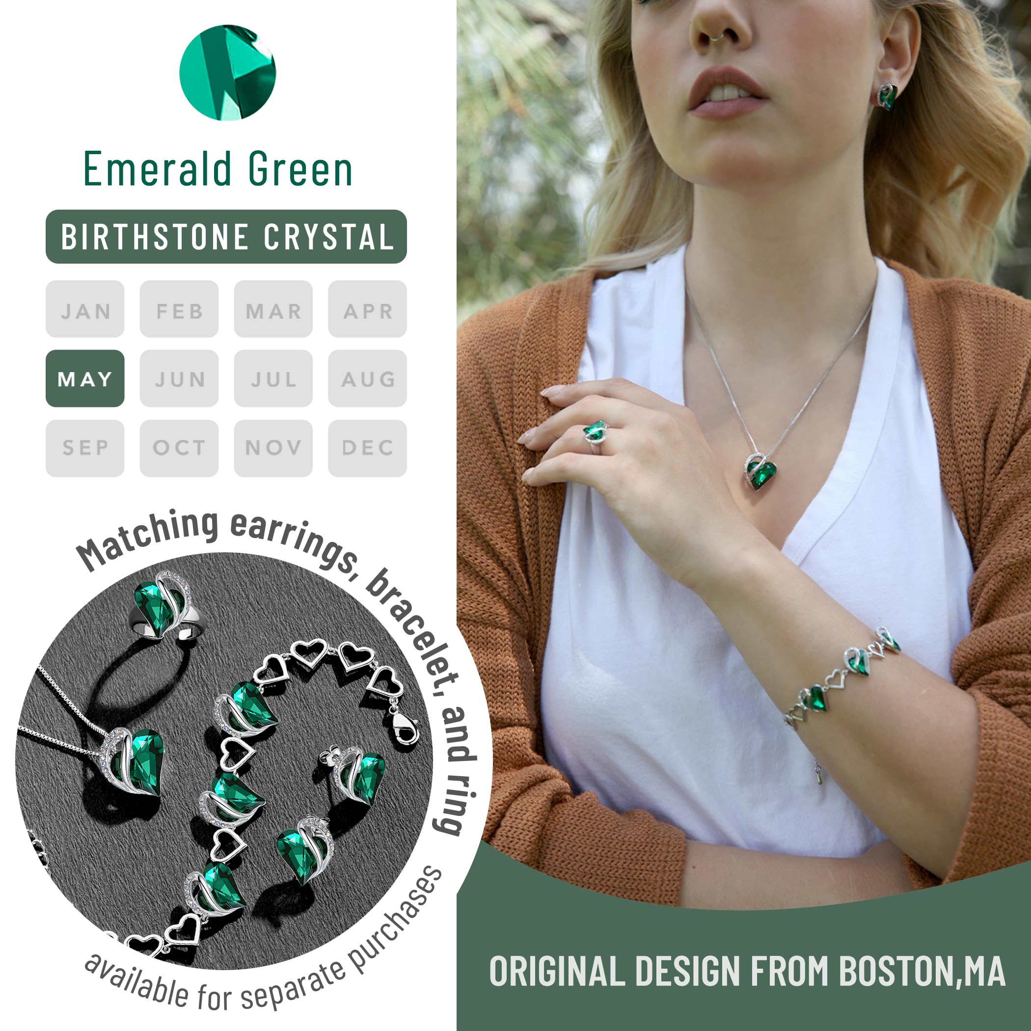 Leafael Mothers Day Gift Necklaces for Women, Infinity Love Birthstone Heart Pendant with Emerald Green Crystal for May, Birthday Jewelry for Her, Mom, and Wife, Silver Plated, 18 + 2 inch Chain