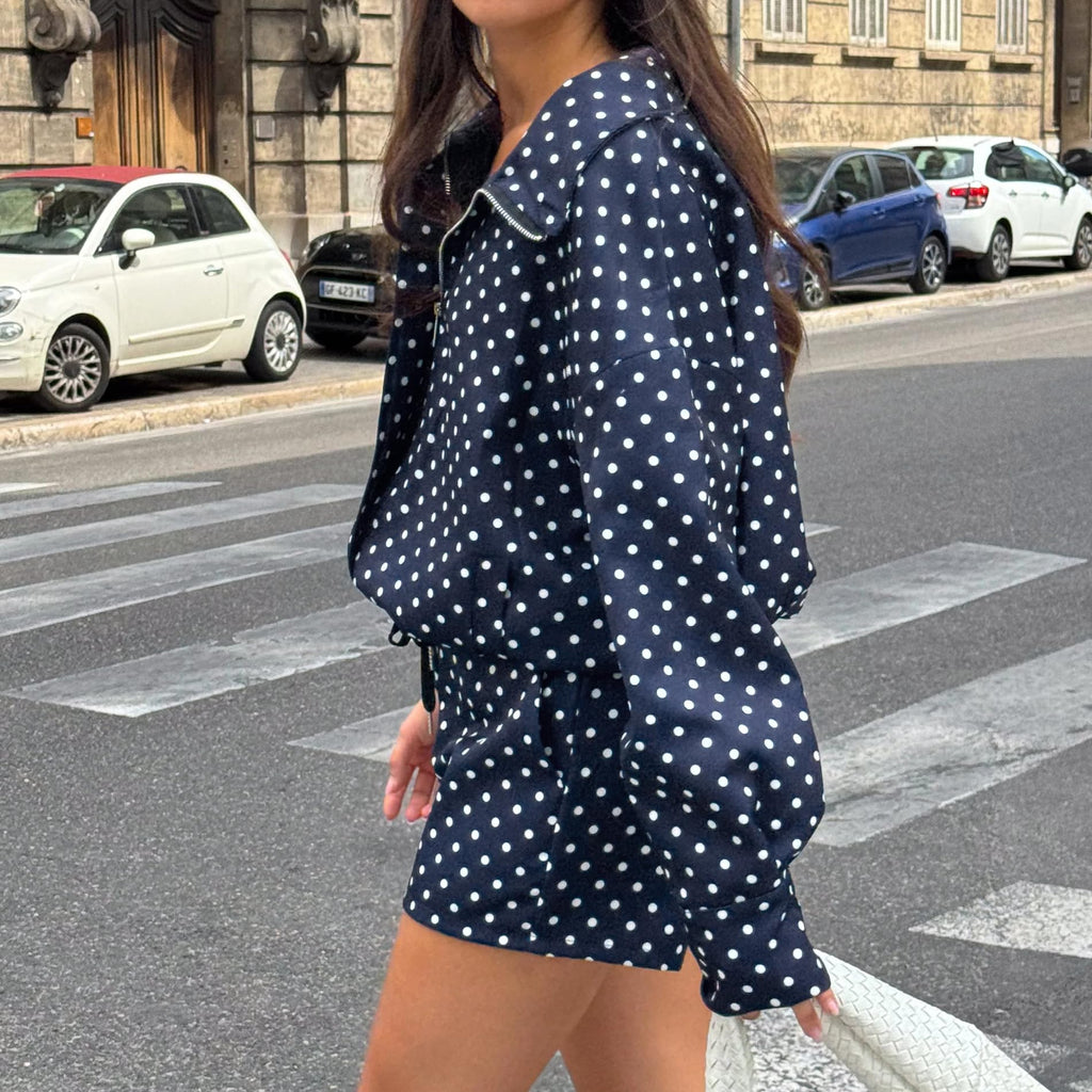 Songling Women Bomber Jacket Casual Coat Zip Up 2025 Trendy Fall Outfits Lightweight Polka Dot Puffer Jacket with Pockets(Navy,M)