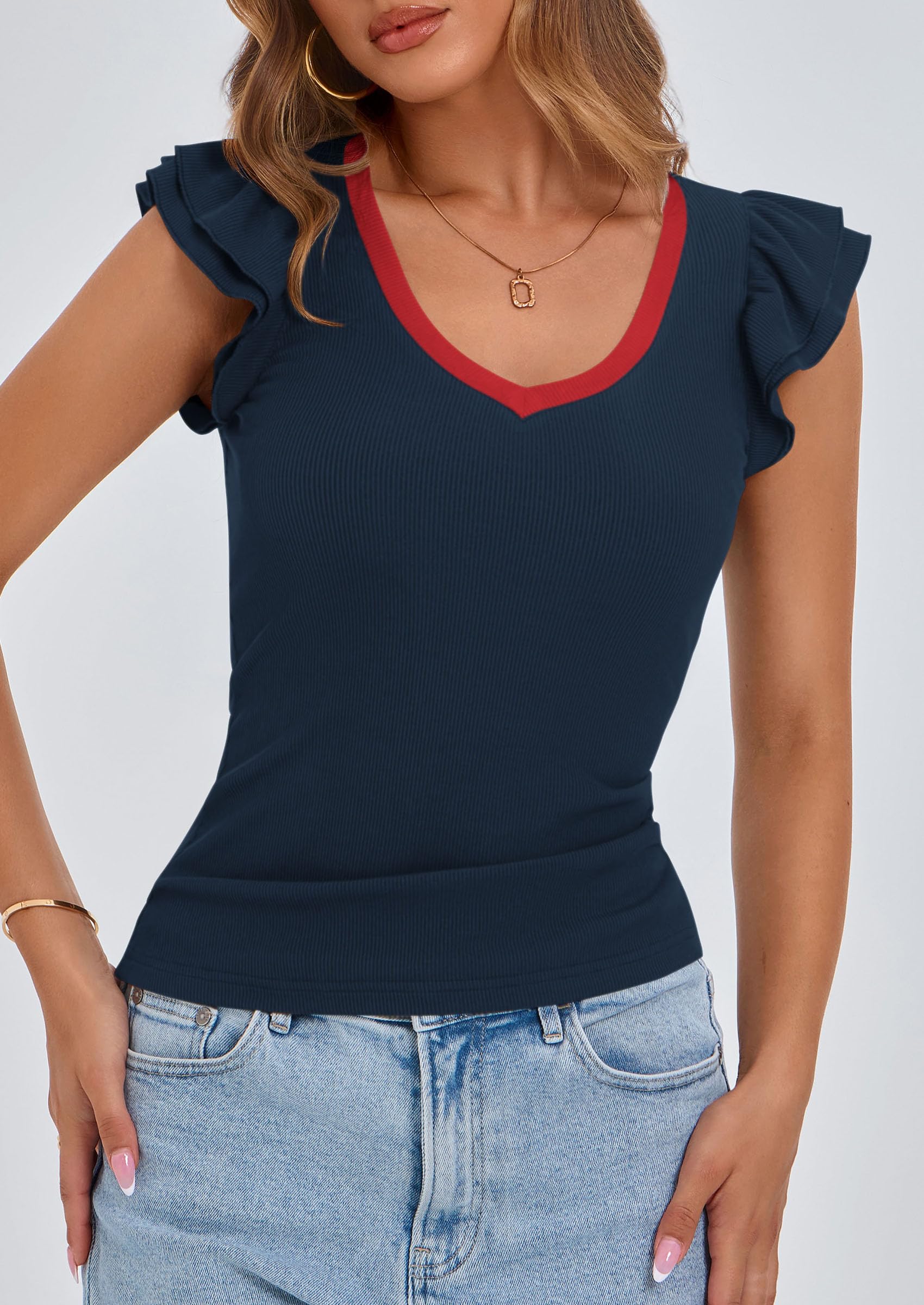 PRETTYGARDEN Womens V Neck Summer Tops Ruffle Sleeveless Slim Fit T Shirts Going Out Casual Blouses 2026 (Navy,Medium)
