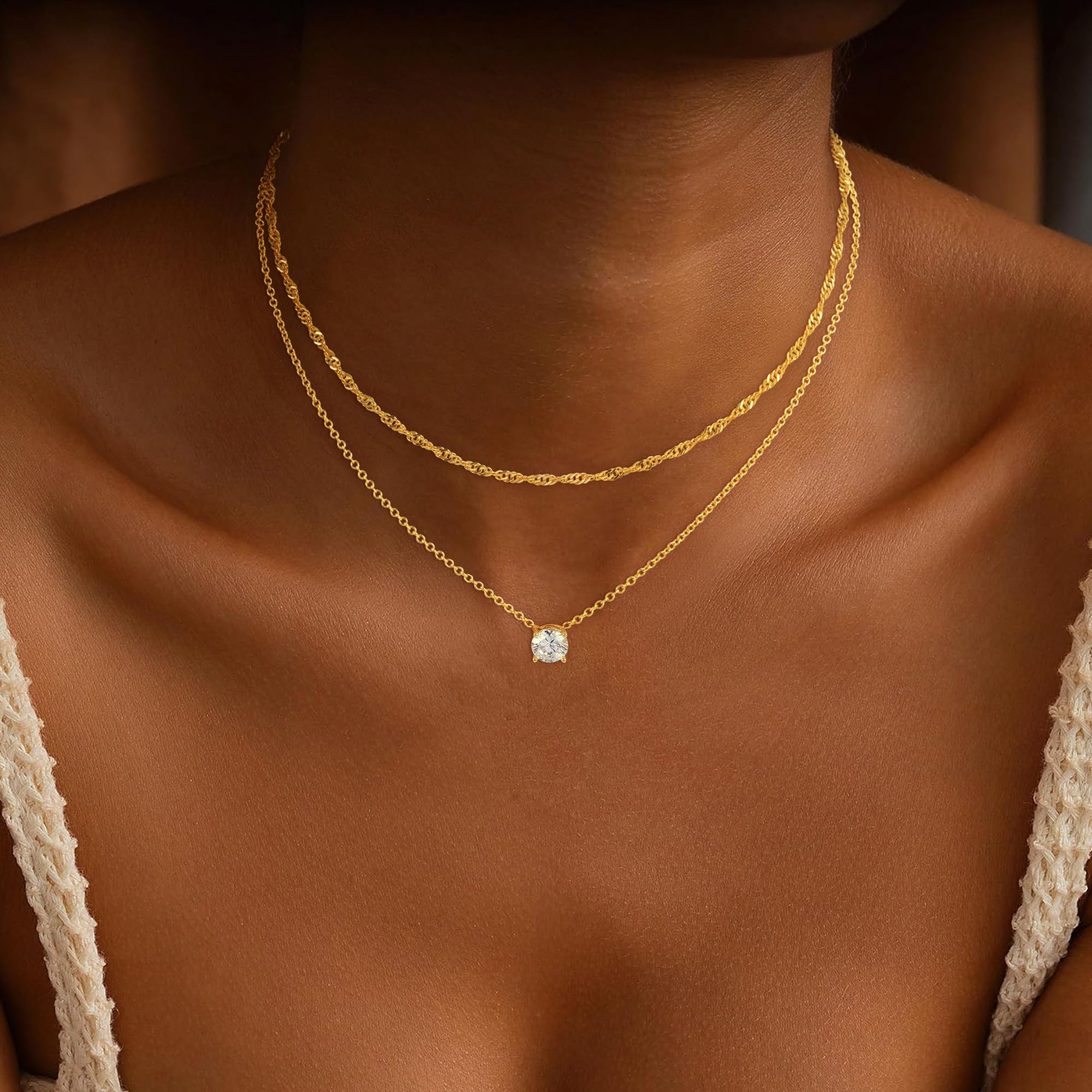 Treasure Bender Gold Necklace for Women Trendy - 14K Gold Plated Layered CZ Necklace Dainty Gold Pendant Choker Chain Necklaces Waterproof Non Tarnish Jewelry for Women Gifts