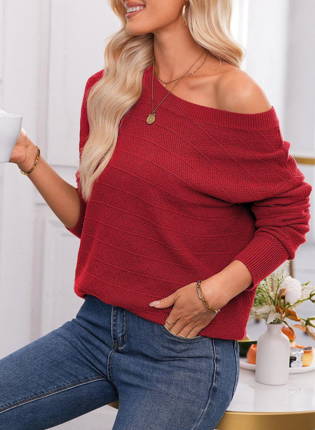 EVALESS Fall Sweaters for Women Long Sleeve Fashion Outfits 2025 Back Bow Knot Sweaters Round Neck Solid Fashion Clothes Knit Pullover Sweater Tops Red Medium