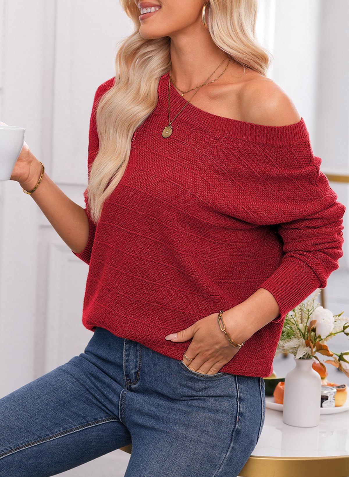 EVALESS Fall Sweaters for Women Long Sleeve Fashion Outfits 2025 Back Bow Knot Sweaters Round Neck Solid Fashion Clothes Knit Pullover Sweater Tops Red Medium