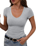 GEMBERA Womens' Stretchy V Neck Short Sleeve Form Fitted Casual Basic Top T-Shirts (3996, Heather Grey, M)