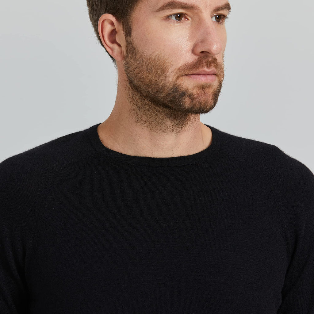 GreenMount Men’s Raglan Long Sleeve 100% Worsted Cashmere Crewneck Sweater for All Seasons(Black,L)
