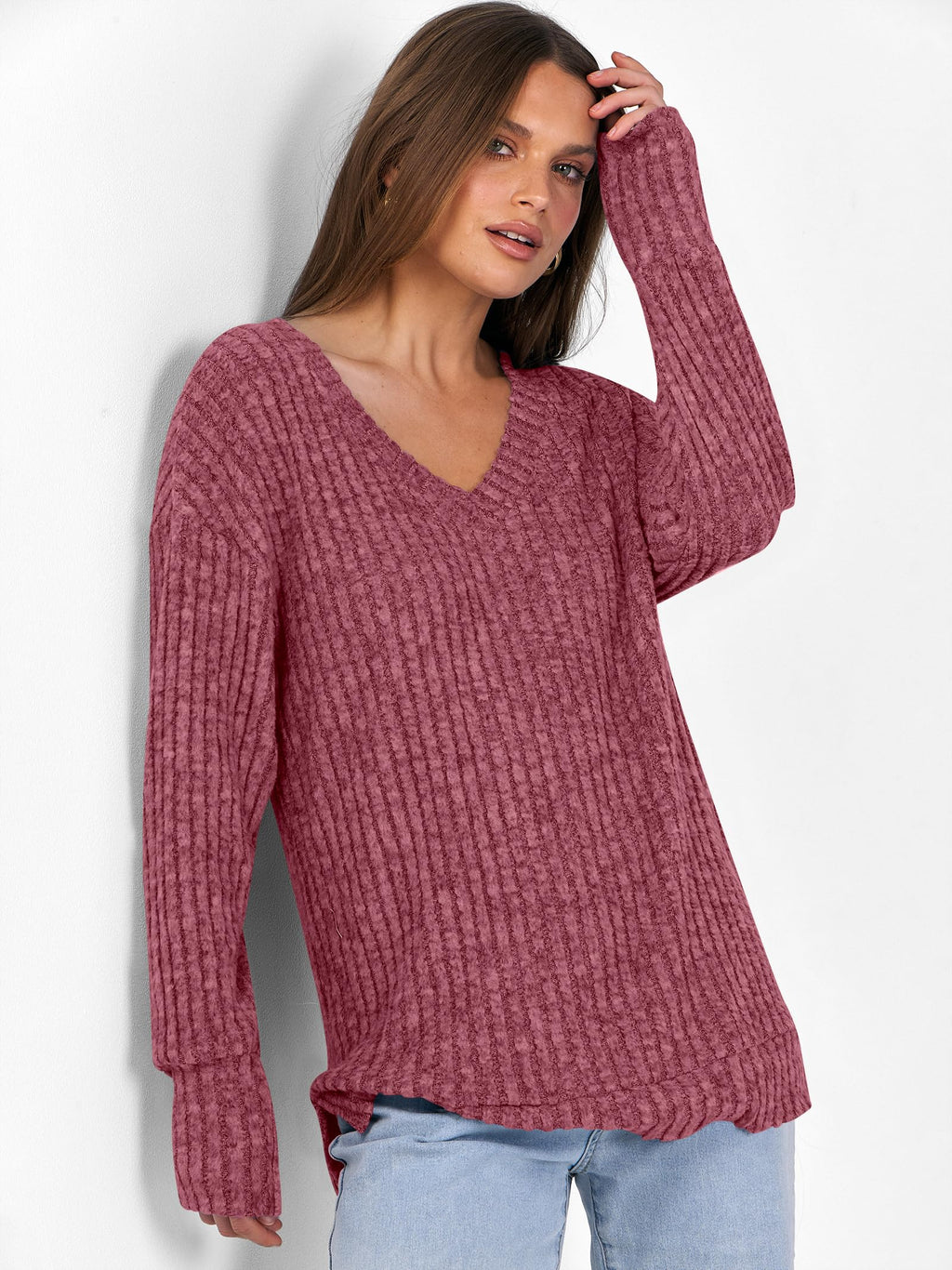 ANRABESS Long Sleeve Shirts for Women V Neck Casual Fall Tops Loose Fit Lightweight Sweaters Tunic Fashion 2025 Clothes Red Medium