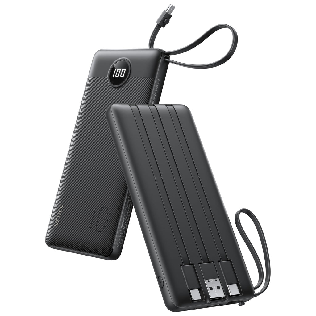 VRURC Portable Charger, Built-in 4 Cables Slim Power Bank 10000mAh, USB C Charging Bank with LED Display, Compact Travel Battery Pack for iPhone 17 16 15 14 13, Samsung, Android-Black(1 Pack)