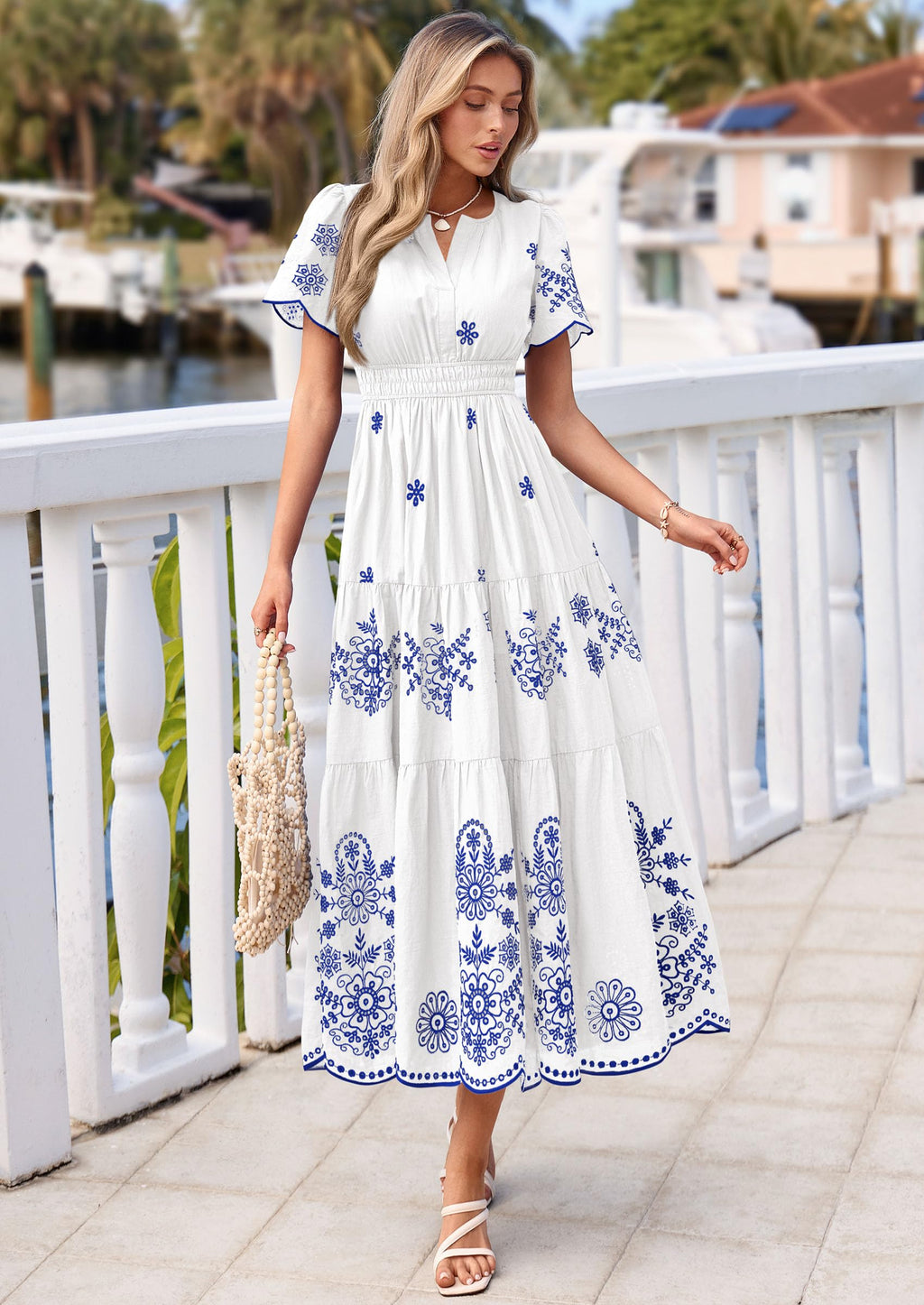 PRETTYGARDEN Summer Dresses for Women 2026 Floral Boho Maxi Spring Casual Short Sleeve V Neck Elastic Waist Dress Pockets (White Blue Flower,Medium)
