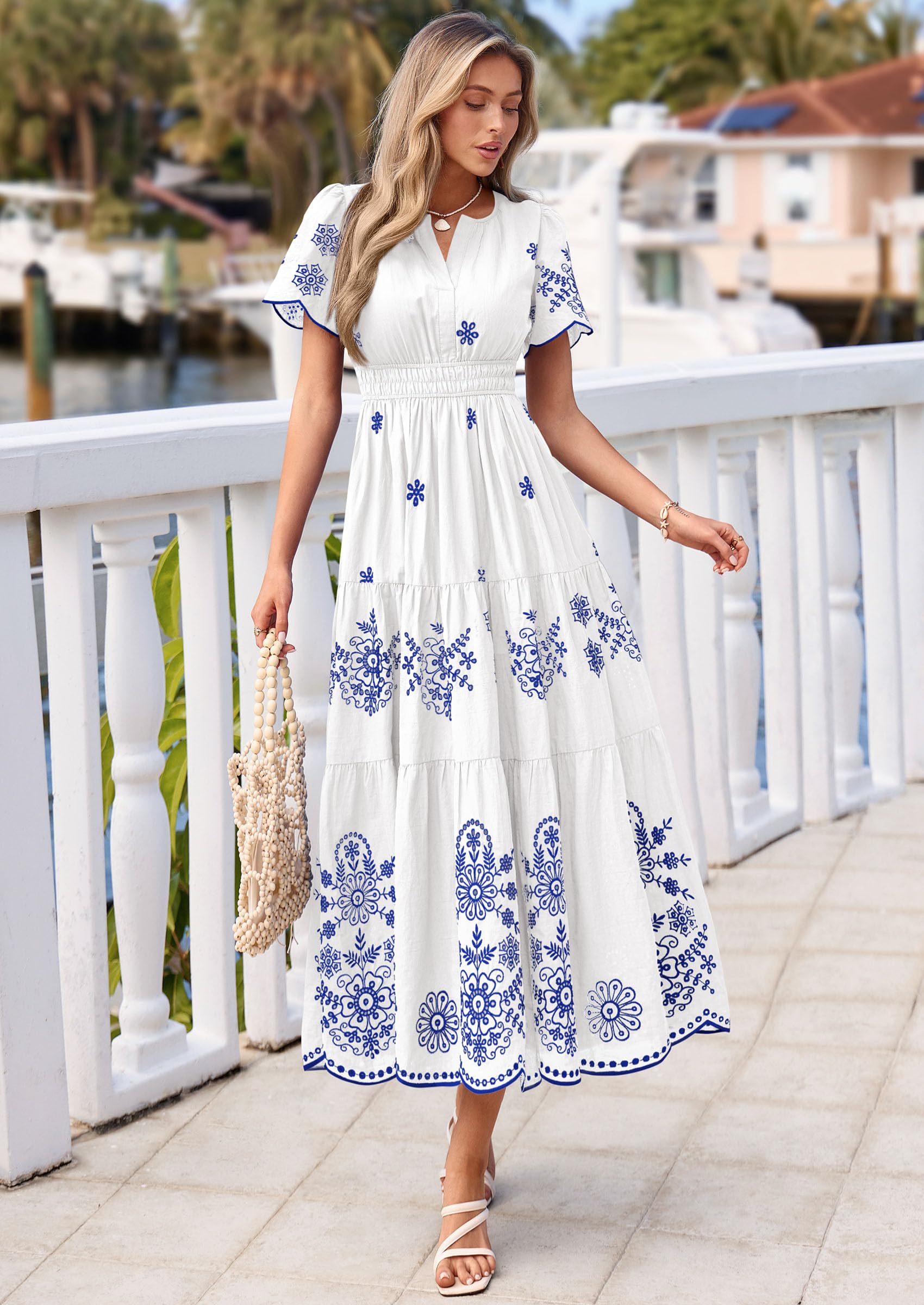 PRETTYGARDEN Summer Dresses for Women 2026 Floral Boho Maxi Spring Casual Short Sleeve V Neck Elastic Waist Dress Pockets (White Blue Flower,Medium)